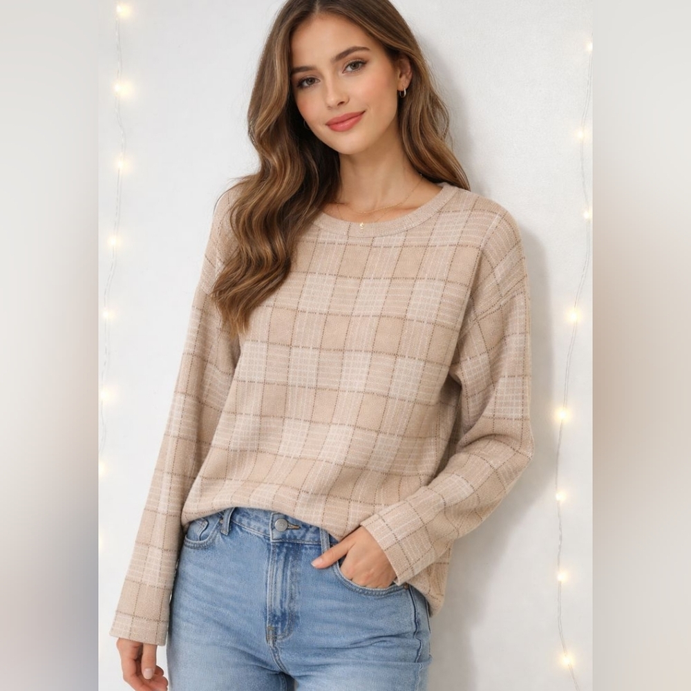 TAHARI Women's Plaid Boxy Knit Sweater Heavyweight Size Large Preppy Old Money